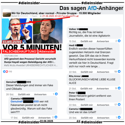 Es wird eine Lüge über Dunja Hayali verbreitet, die AfD hätte sie angeklagt und sie wäre verurteilt worden. Was alles nicht stimmt!

In der privaten Gruppe "Wir für Deutschland, aber normal" heißt es "AfD gewinnt den Prozess! Gericht verurteilt Dunja Hayali wegen Beleidigung der AfD im Fernsehen!"

Wir zeigen auf Slide 4 u.a. die Kommentare 
"Richtig so, die Frau ist keine Journalistin, die ist eine Agitatorin.", "Endlich werden dieser hasserfüllten zugereisten Hetzerin mal Grenzen gesetzt. Das Gift das sie in ihrem Herkunftsland nicht loswerden konnte verteilt sie hier in Deutschland. Fragt sich nur noch wie lange.", "GLÜCKWUNSCH MEINE LIEBE KLUGE ALICE.", "Diese Hetzerin gehört entfernt von ihren Posten!", "Und wie ist das Urteil?" und "Dieser Meldungen sind immer ein Fake und Clikbaits." mit der Antwort "wer mit Fakenamen postet ist eh nicht glaubwürdig. Warum soll das Fake sein???"