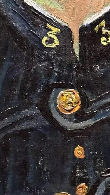 Detail of a uniform on a Van Gogh painting.