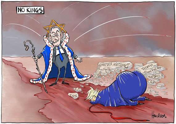 Single panel editorial cartoon titled No Kings. Netanyahu standing in a river of blood, dressed in royal robes, holding the staff of Moses and wearing a crown fashioned from the Star of David. Trump has bowed down before him in the river of blood, on the ground are two broken stone tablets, one titled ‘United Nations’, one titled ‘YHWH’, on both ‘thou shall not…’ can be made out. In the background are the storm clouds of war, missiles emanating from behind Netanyahu, going in both directions.