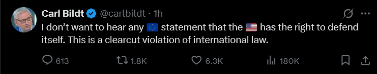 Carl Bildt

I don't want to hear any EU statement that the US has the right to defend itself.  This is a clearcut violation of international law.