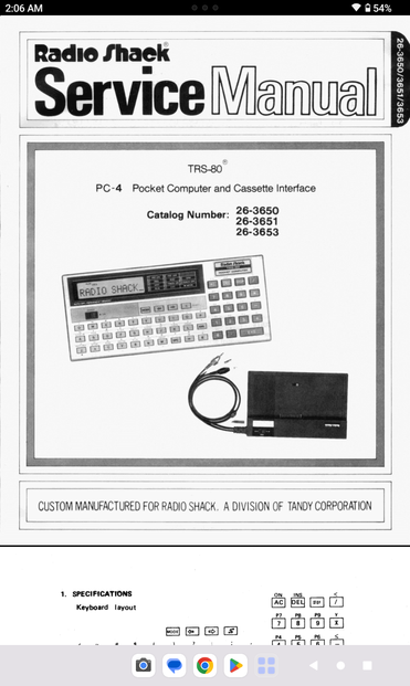 Cover page of the "Radio Shack Service Manual for the TRS-80 PC-4 Pocket Computer and Cassette Interface "
That text, then a picture of a small calculator sized computer and a black plastic box with wires coming out of it