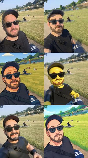 This image presents six different artistic interpretations of a man in an outdoor park setting, likely a selfie or a self-portrait. The styles shown are a real-life photograph, two different pixel art versions, a LEGO-style character, a 3D cartoon rendering, and a stylized, illustrative comic art representation. The background features grass, a path, and distant figures by a body of water.