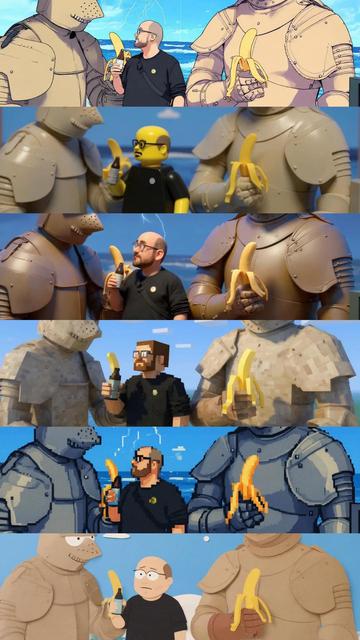 This image displays a grid of six distinct artistic renditions of a scene featuring a man and a knight, both holding a banana. The styles include a realistic photograph, two variations of pixel art, a LEGO-style figure, a 3D cartoon interpretation, and a stylized comic book drawing. The man appears to be interacting with the knight in each depiction.