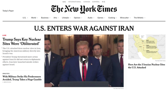 U.S. ENTERS WAR AGAINST IRAN, says biggest NyTimes headline