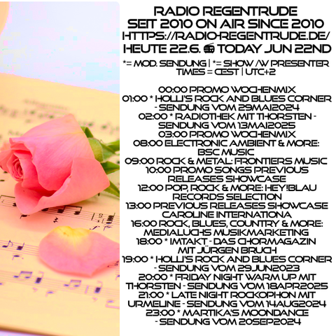 🇩🇪 Plakat mit den heutigen Radiosendungen. Bild (ohne Text): Pixabay, kein Bildquellennachweis erforderlich.

🇬🇧 Poster with details of today's radio shows. Image (without text): Pixabay, no image creds needed.