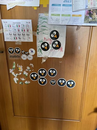 L'immagine mostra una porta di legno con vari adesivi e cartelli attaccati. In alto a sinistra, c'è un calendario per l'anno 2023, con le date di gennaio, febbraio, aprile, maggio e giugno. Sotto il calendario, c'è un cartello con un orario visivo scolastico, che include le ore e i giorni della settimana, con le lezioni in italiano e inglese.

Al centro della porta, ci sono diversi adesivi con il logo di "Angry Birds," un gioco popolare, con facce di pinguini neri e occhi bianchi. Alcuni adesivi sono appiccicosi e si sono staccati parzialmente, lasciando frammenti di carta bianca.

A sinistra, c'è un adesivo con la parola "matrix" e altri adesivi più piccoli con il logo di "Angry Birds." Inoltre, c'è un adesivo con un simbolo di un lucchetto e la scritta "Servizio Libri."

Sul cartello visivo, ci sono scritte a mano in verde e rosso, che sembrano essere note o ricordi scritti da un bambino. La scritta "9/DAVID" è evidente, indicando probabilmente una data importante.

L'immagine è ricca di dettagli e sembra essere un luogo di apprendimento e ricordi per un bambino.