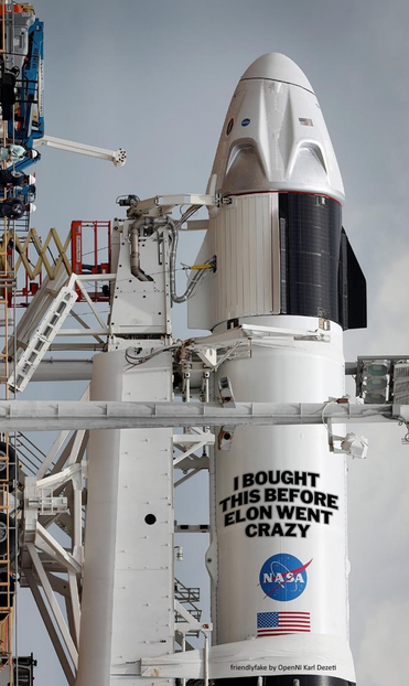 Fotomontage eines um 90° gedrehten Originalfotos von einer liegenden Falcon-Heavy Rakete und einem der Krümmung der Raketenoberfläche angepassten Tesla-Aufkleber mit dem Text: "I BOUGHT THIS BEFORE ELON WENT CRAZY". Der Schriftzug ist über dem blauen NASA-Logo so angebracht, dass es wie eine Beschriftung der Rakete aussieht.

Den Witz habe ich also von ungezählten Tesla-Besitzer*innen geklaut, die diesen Aufkleber auf ihr Auto klebten, nachdem Elon Musk mit Kettensäge und Hitlergruß denen, die es nach Jahrzehnten transhumanistischer Propaganda immer noch nicht sehen wollten, vergeblich versuchte, die Augen zu öffnen. Denn es darf bezweifelt werden, ob sie ihren Aufkleber als selbstkritische Realsatire verstanden wissen wollten. 

friendlyFake by OpenNI Karl Dezeti