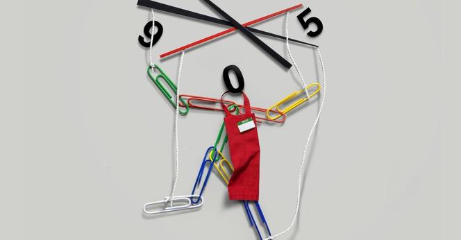 symbolic figure of human made from stationary, attached by wires to clock dial with symbols 9, 0 and 5