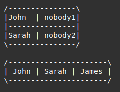 Screenshot of text representation of two map configurations. The first shows a 2x2 grid with players John and Sarah on the left, "nobody1" and "nobody2" on the right, indicating the lack of two players/two virtual players.

The second configuration shows a 3x1 grid with three players: John, Sara and James.