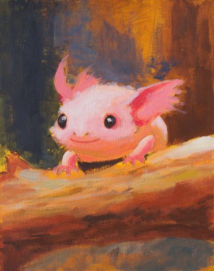 Axolotl-Wesen auf einem Baumstamm.