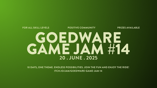 You can still join the 14th Edition of the GoedWare Game Jam. You have 8 dev days left to create and finish a game. Join now at itch.io!