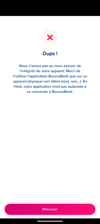 Capture d'écran montrant un refus de l'application Boursorama Banque de s'exécuter sur smartphone muni de GrapheneOS en raison de l'exigence du niveau strong sur la Play Integrity API