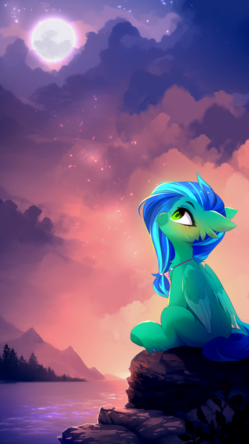 Female hippogriff sitting on a cliff next to the ocean during the sunset stars and moon are already visible