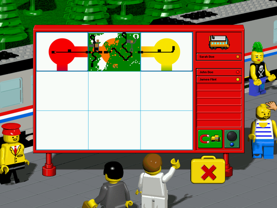 LEGO LOCO screenshot of a window showing a 3x1 grid of maps from players John Doe, Sarah Doe and James Flint. Sarah's train has the most information, showing areas in black (tracks), green (nature), brown (buildings) and gray (pavement).