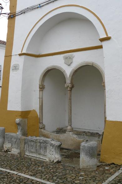 A imagem mostra um fontanário público construído  no século XVI, em estilo renascentista, de planta rectangular, centralizada, encaixada em paramento de outro edifício, composta pela articulação horizontal de arca de água, em alvenaria coberta de laje marmórea, taça em cantaria de mármore e pórtico de arcaria, antecedido de pequeno adro murado. A fachada principal, que é definida pela articulação de todos estes elementos, define-se num primeiro registo pelo murete do adro, apainelado com relevos de motivos armoriais, zoo-antropomórficos, naturalistas e geométricos e, no segundo registo, pela arcaria do pórtico, com arcos de volta plena assentes em capitéis vegetalistas, colunelos cilíndricos e capitéis de planta hexagonal. (In monumentos,gov.pt). O edifício está caiado de branco, com frisos sobre os arcos e rente ao solo, pintados cor-de-grão. Na esquina, uma placa toponímica típica da região de Évora, redonda, em azulejos brancos com moldura escura onde se lê 'Praça da República'. Em primeiro plano, o solo pavimentado por grandes seixos arredondados,  polidos pelo uso, tal como o mármore branco do chafariz.