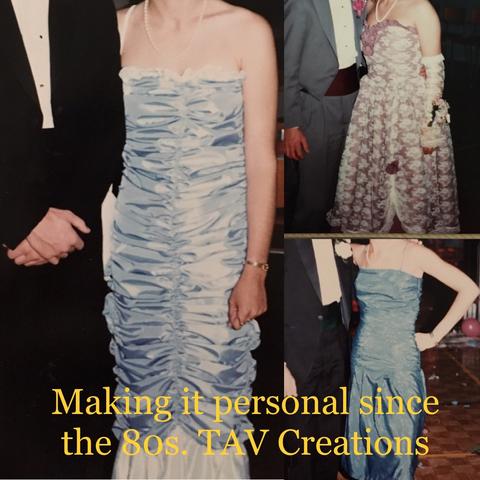 Three couples no heads guys and suits and ladies and grad dresses. The long one on the left is a purple sheared full body sheath dress with a flared skirt at the bottom and lilac and white. The upper right corner is an ivory lace over a dusty rose satin ball gown, strapless with lace gloves to match. The bottom right corner is a teal satin bias, cut strapless dress with dropped waist and flared skirt.