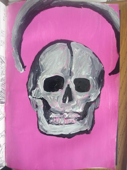 Sketchbook page with solid pink packground and a painting of a skull with a halo in black and white acrylics