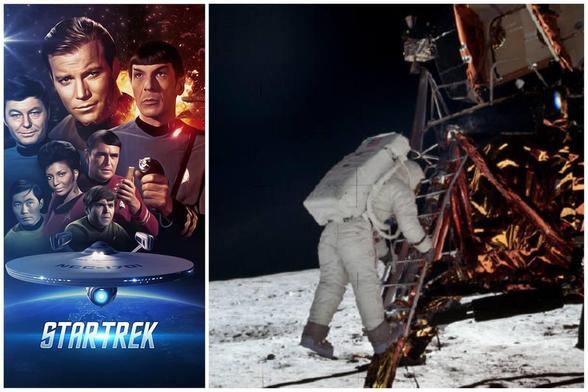 Links ein Star Trek Poster, rechts ein Austronaut, der aus der Mondlandekapsel aussteigt