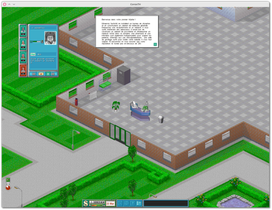 🕶️ A diagonal downward view of a hospital at the start of the game on my PC: the hall is still empty, I've just installed a reception counter, a drinks machine, a bench, a heater, a fire extinguisher, a garbage can and a green plant, and I'm in the process of hiring a receptionist. I still have to install walls and rooms, and hire more staff before the customers start pouring in.
Interface parameters and buttons are located at the bottom center of the user interface.

📚️ Theme Hospital (1997) is a satyric-themed hospital management game depicting the American health care system, where profit takes precedence over human service. The player is the unscrupulous director of a hospital whose goal is profitability. He employs incompetent staff at the lowest salary, increases the heating to increase the consumption of drinks in his vending machines, ... and treats clients with extravagant diseases (invisible men, hyper-tongue problems, ...). CorsixTH is a compatible, libre and multi-platform engine (works well).