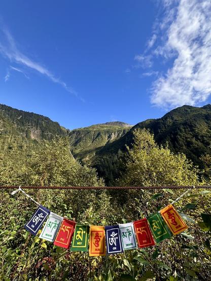 A photo taken looking up at the peaks of green mountains on a sunny day. There are very few clouds in the very blue sky. The mountains are steep with lots of deep tracks with water flowing down them. In the foreground of the photo there are Tibetan Buddhist prayer flags hanging on a cable that are blue, white, red, green, and yellow. They say "OM MANI PAE MEY HUM" repeated twice and spread across ten flags total.