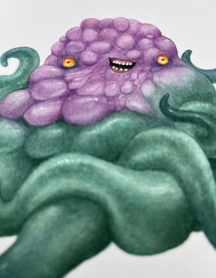 close up of a watercolour painting of a tentacled creature with a purple blobby head and green tentacles. Her eyes are yellow and her smile is wide and gummy.