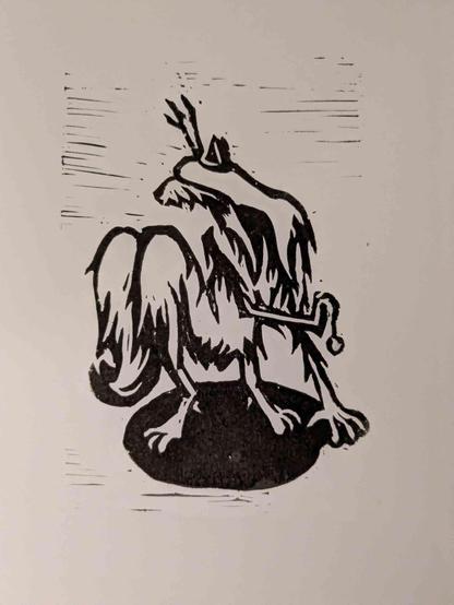 A black-and-white linocut print of the Bloodborne character Vicar Amelia: A werewolf-deer-cat-hybrid wearing a veil are holding a pendant.