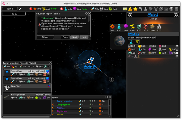 🕶️ A view of the UI at the start of the game, with several windows including the help window inviting players to click on the **Greetings** label (in green) if he wants some advice on how to play. It starts on the planet 'Plato B', in the centre of the UI. On the right, the characteristics of this planet in a window.

📚️ FreeOrion is a libre, multi-platform, turn-based space empire and galactic conquest (4X, on map) computer game, inspired (without being a clone) by the Master of Orion trilogy, played in single (against different levels of AIs) or multiplayer (on LAN). It is a 4X game, by its notion of elevation of a nation (like the Europa Universalis 2 game) and by its multi-purpose tactical combat engine. Its modular design allows a high degree of customization.