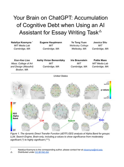 First Site: "Your Brain on ChatGPT: Accumulation of Cognitive Debt when Using an AI Assistant for Essay Writing Task"