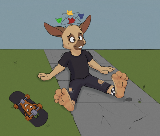 A rabbit in a black shirt and blue jeans sits dazed on the ground while multicolored birds spin above his head. His arms, knees, and feet show clear scuff marks from a skateboarding accident, while his carrot-decorated board rests upside-down in the nearby grass.