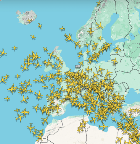 A screenshot of air traffic over Europe.
Hundreds, if not thousands of aircraft buzzing around in all directions.