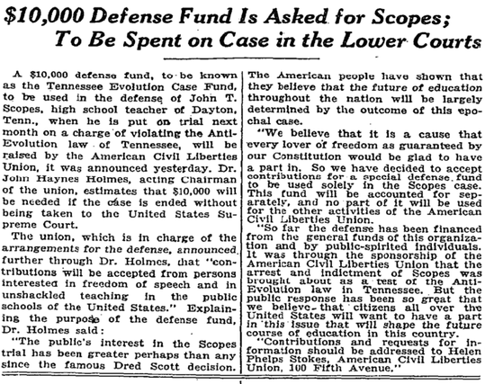 $10,000 Defense Fund Is Asked for Scopes; To Be Spent on Case in the Lower Courts