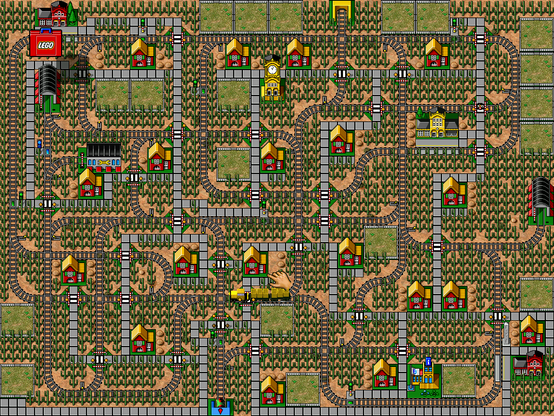 LEGO LOCO screenshot of the "COW-VILL" preset map. It's on a desert landscape and is full of cacti, with sidewalks, houses and tracks tightly packed throughout the whole map. At the bottom there's a Blue International Tunnel (the preset had a yellow tunnel I replaced).