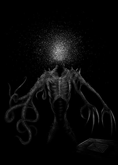 Digital "scratchboard" style black and white illustration of a humanoid creature with a glowing head area, mutated arms and tentacles. They are stood behind a small table with a black envelope resting on top.

Front cover Commission for "Tales of the Void' horror anthology.