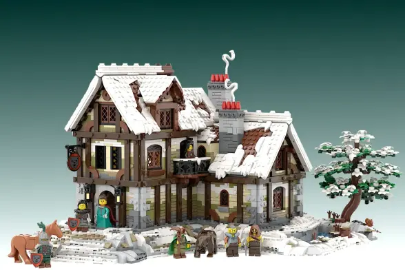 A model of a medieval tavern made of Lego bricks