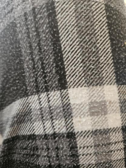Close up of a pair of pyjama bottoms. They are black and white tartan and slightly bobbly.
