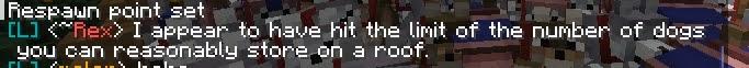 A screenshot of in game text chat in Minecraft. Player "Rex" is speaking in local proximity chat, and says:

I appear to have hit the limit on the number of dogs you can reasonably store on a roof.