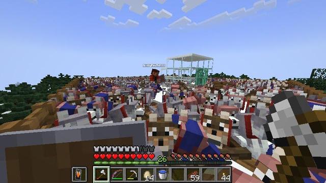 Another full screen screenshot from Minecraft. A player inventory is visible and the screenshot is in first person. 

In the foreground stretching out to the background is a sea of dogs on a roof. The wooden fence edges of the roof are visible, but not the floor at all. In the distance, player RustyRex54321 is seen standing amongst the dogs, admiring his army