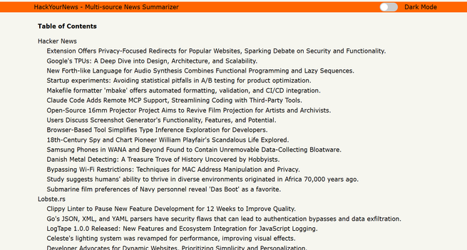 Screenshot of top part of HackYourNews news summaries from multiple sources.