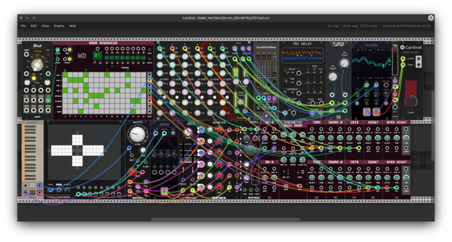 🕶️ A view of its UI (in a dark theme) with its various modules arranged on a rack and connected to each other by cable links.

📚️ A libre, multi-platform virtual modular synthesizer, working as an audio plugin (with support for CLAP, LV2, VST2 and VST3 protocols) or as a standalone version for some systems. It is based on the popular VCV Rack from which it has removed non-free elements, external modules and other connections to the store, to provide a libre, self-contained and reliable version.