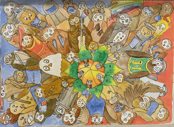 Comic style drawing made with micron pens and watercolor. Many owls with different professions, occupations are arranged circular around an Orange glowing flower but with green leaves. In the leaves the letters are written: owl-fun. Owls in different sizes, species are drawn around like: one playing ghost, a painter, diver, finished phd, a knight, reading a book, writer, musicians, photographer, sports fan with a Trikot,builder, space owl, hiding behind a newspaper, with pikatchu hat, with elsbora dress, a security owl, with glasses, with flowers,