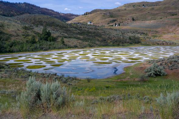Horizontal view of Spotted lake, the saline endorheic alkali lake located northwest of Osoyoos in the eastern Similkameen Valley of British Columbia, Canada. It contains dense deposits of magnesium sulfate, calcium and sodium sulphates. It also contains high concentrations of eight other minerals and lower amounts of silver and titanium.[3]

Most of the water in the lake evaporates over the summer, revealing colourful mineral deposits. Large "spots" on the lake appear and are coloured according to the mineral composition and seasonal amount of precipitation. Magnesium sulfate, which crystallizes in the summer, is a major contributor to spot colour. In the summer, remaining minerals in the lake harden to form natural "walkways" around and between the spots.