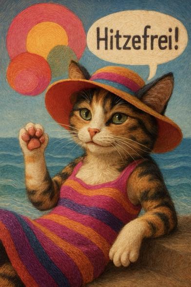 KI-Bild (GPT1 Medium):

Das Katz im geringelten Strandkleid und passendem Sonnenhut. Sie lungert im Sand, im Hintergrund Meer. Das Katz winkt mit einer Tatz und sagt "Hitzefrei!" in einer Sprechblase.