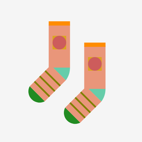 Two socks: Both are a DarkSalmon sock with a MediumAquamarine heel, a ForestGreen toe, and a DarkOrange cuff, with an IndianRed circle inside a Goldenrod square on the leg and three Olive stripes on the foot, all on a WhiteSmoke background.