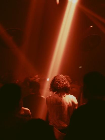 Photo of concert crowd from behind. A red beam of light illuminates a man with curly hair from the top.