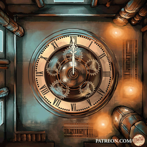 Chronomancer's Lair Phased Battle Mapp by Domille's Wondrous Works features a room with a giant clock In the center of the floor.