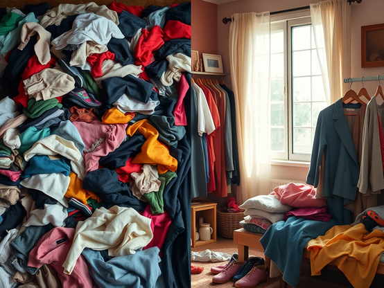 Montón de ropa desordenada en un cuarto, con prendas de diferentes colores amontonadas en la cama y algunas colgadas en un perchero junto a la ventana.