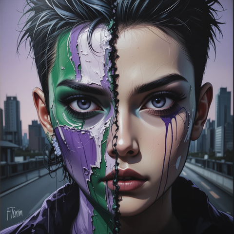 Retrato de una joven con un maquillaje asimétrico que combina colores vibrantes y textura desgastada, representando una mezcla de emociones y estilos en un entorno urbano.