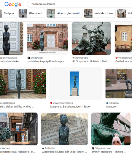 Screenshot of Google image search results for "holstebro sculptures" reveals an image of a Peruvian finger puppet suffering for his art, nestled between a pair of bronze breasts that were ostensibly sculpted during very cold weather.