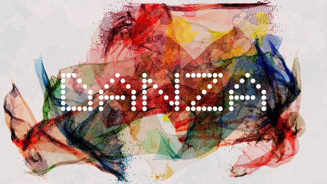 Still image/poster of DANZA, an abstract, generative physics-based realtime animation. The composition shows multiple overlapping patches of cloth sims, each represented by tens of thousands of small dots, each patch in different colors.