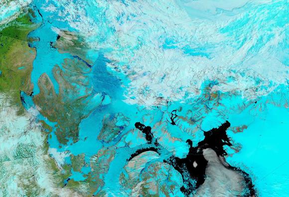 A “false colour” image of the Canadian Arctic Archipelago on June 21st 2025 from the MODIS instrument on the Terra satellite